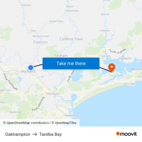 Oakhampton to Tanilba Bay map
