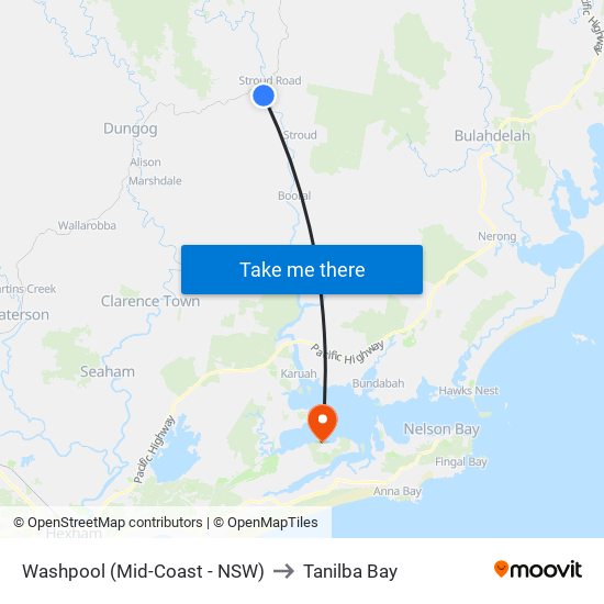 Washpool (Mid-Coast - NSW) to Tanilba Bay map