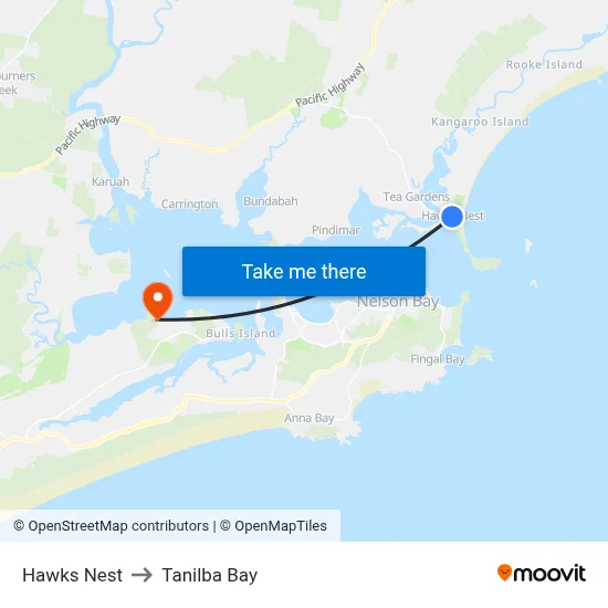 Hawks Nest to Tanilba Bay map