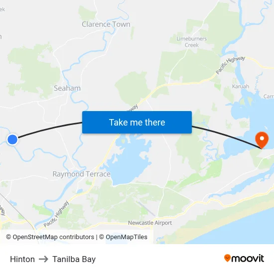 Hinton to Tanilba Bay map