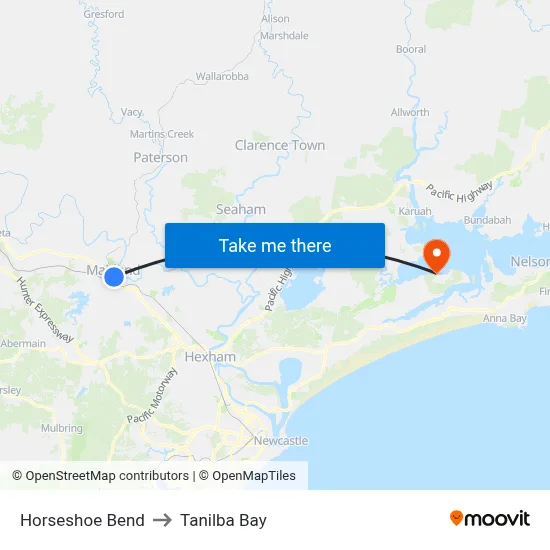 Horseshoe Bend to Tanilba Bay map
