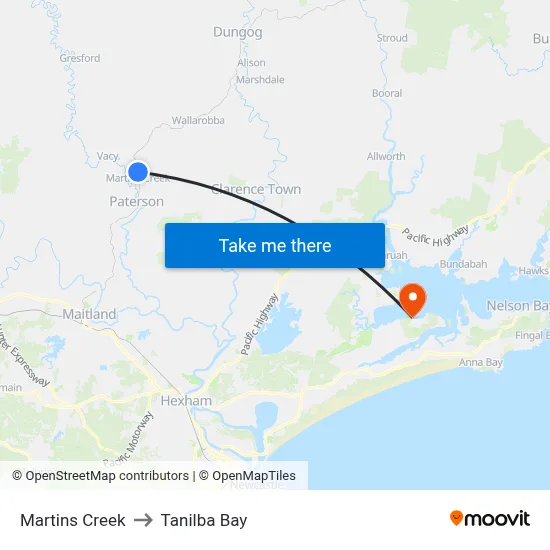 Martins Creek to Tanilba Bay map