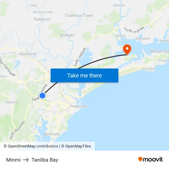 Minmi to Tanilba Bay map