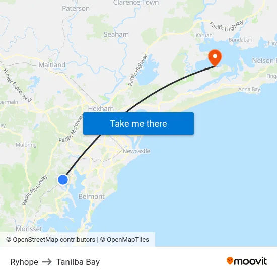 Ryhope to Tanilba Bay map