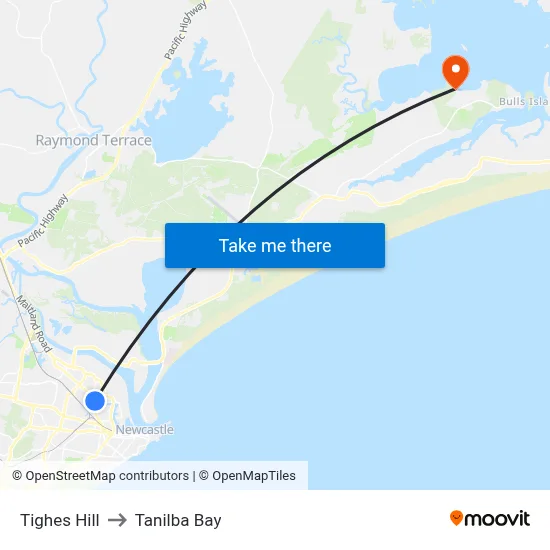 Tighes Hill to Tanilba Bay map