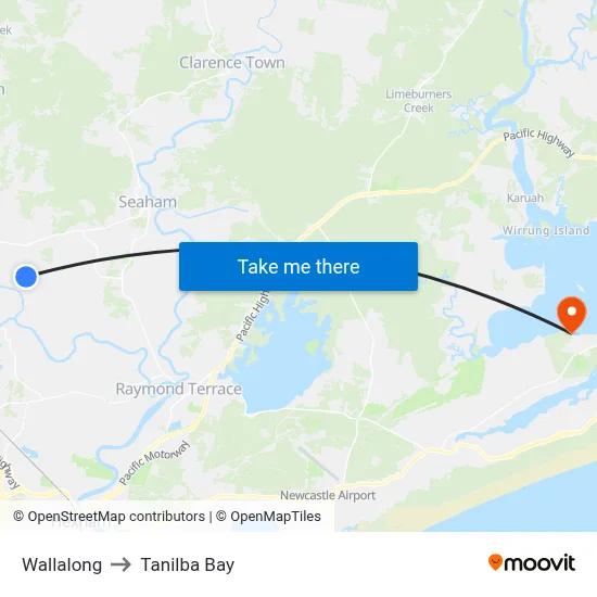 Wallalong to Tanilba Bay map