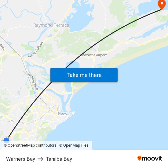 Warners Bay to Tanilba Bay map