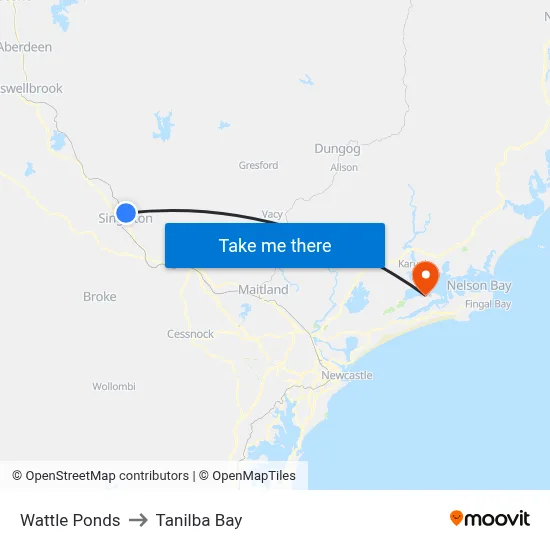 Wattle Ponds to Tanilba Bay map