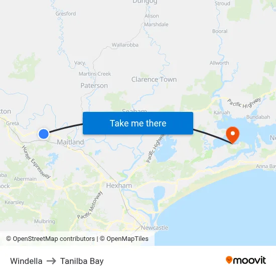 Windella to Tanilba Bay map
