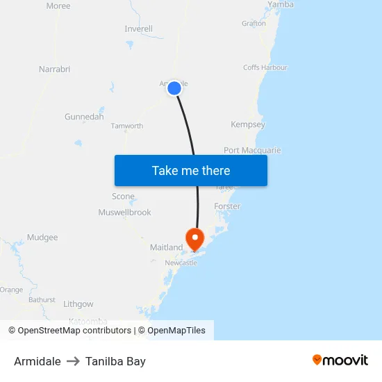 Armidale to Tanilba Bay map