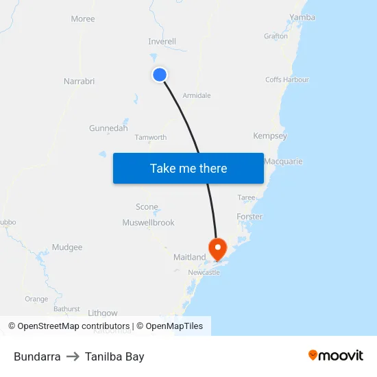 Bundarra to Tanilba Bay map