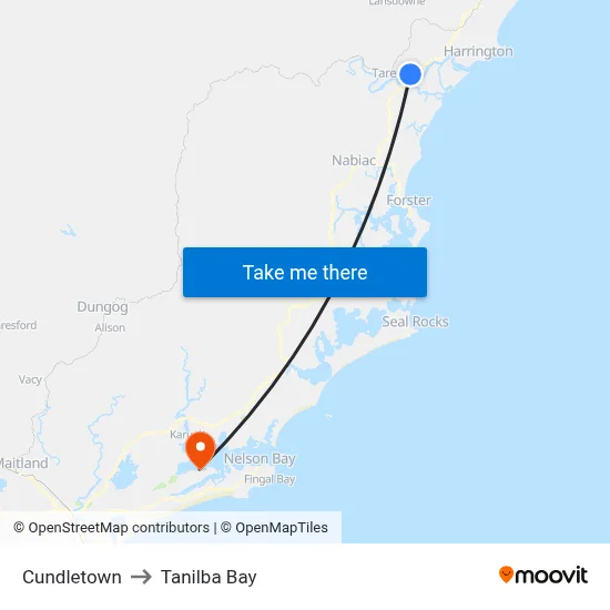 Cundletown to Tanilba Bay map