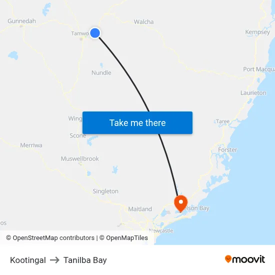 Kootingal to Tanilba Bay map