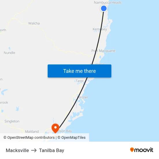 Macksville to Tanilba Bay map