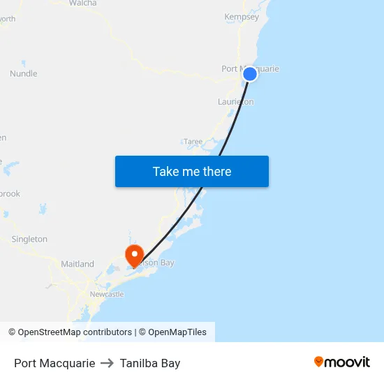 Port Macquarie to Tanilba Bay map