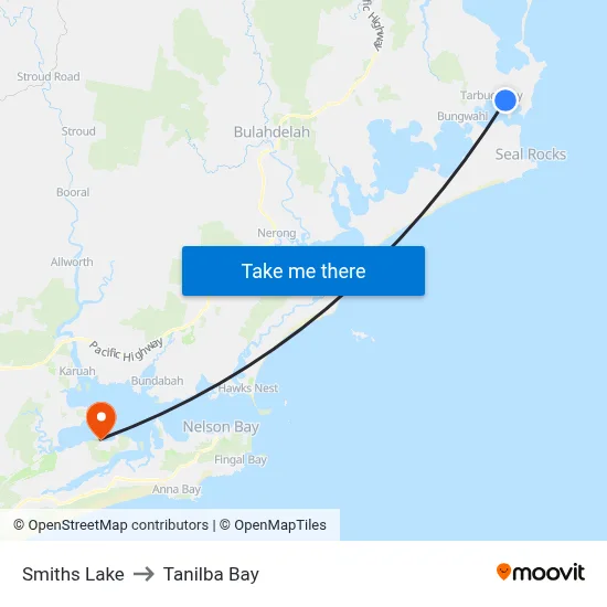Smiths Lake to Tanilba Bay map