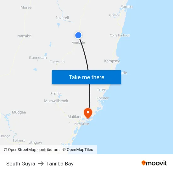 South Guyra to Tanilba Bay map