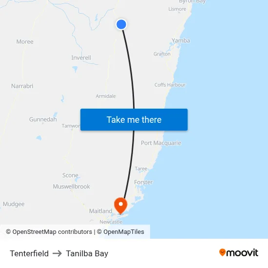 Tenterfield to Tanilba Bay map