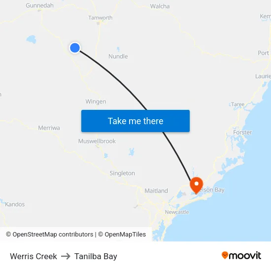 Werris Creek to Tanilba Bay map