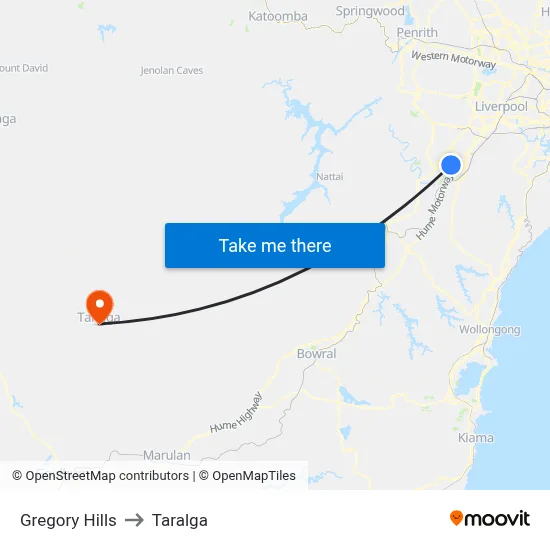 Gregory Hills to Taralga map