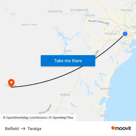 Belfield to Taralga map