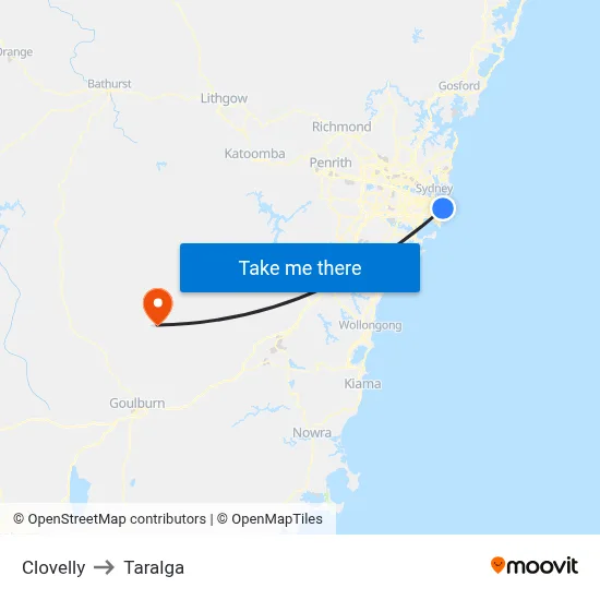 Clovelly to Taralga map