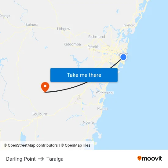 Darling Point to Taralga map