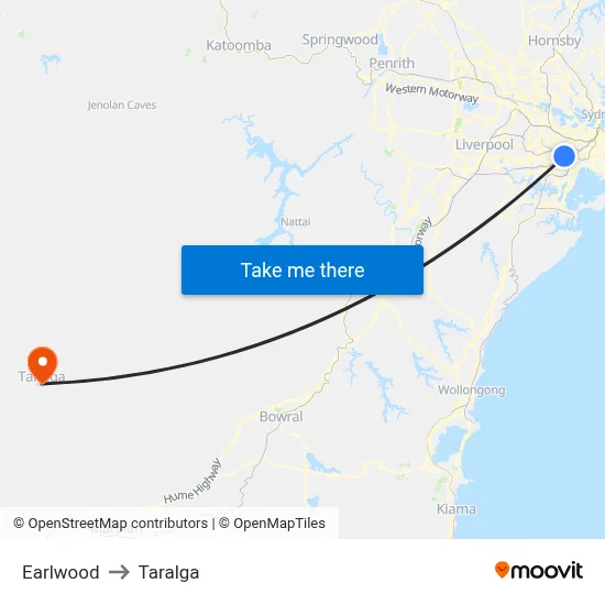 Earlwood to Taralga map