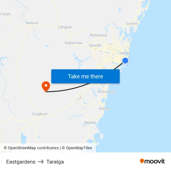 Eastgardens to Taralga map