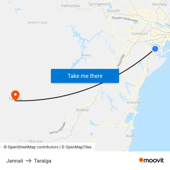 Jannali to Taralga map