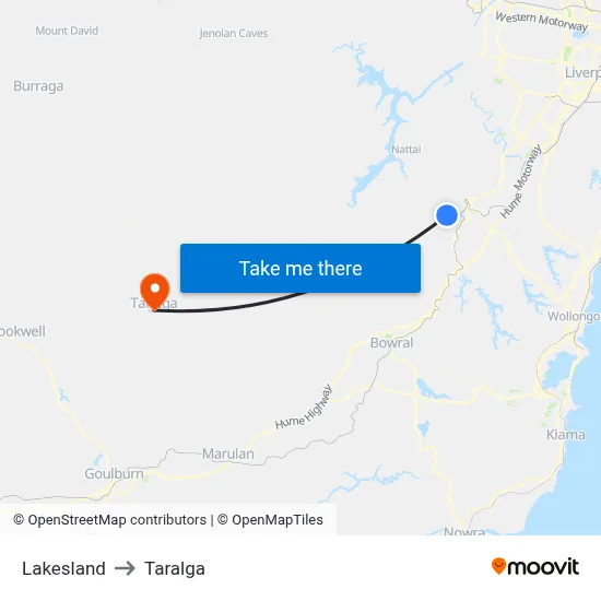 Lakesland to Taralga map