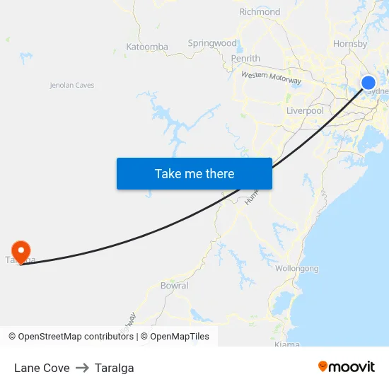 Lane Cove to Taralga map