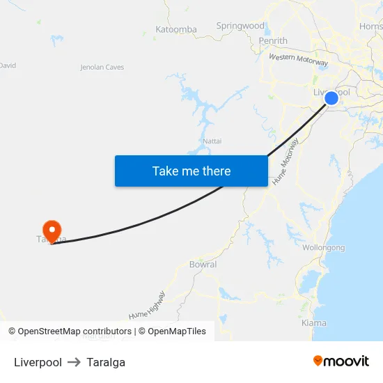 Liverpool to Taralga map