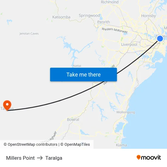 Millers Point to Taralga map
