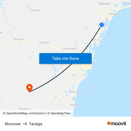 Morisset to Taralga map