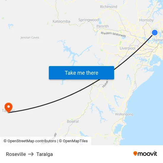 Roseville to Taralga map