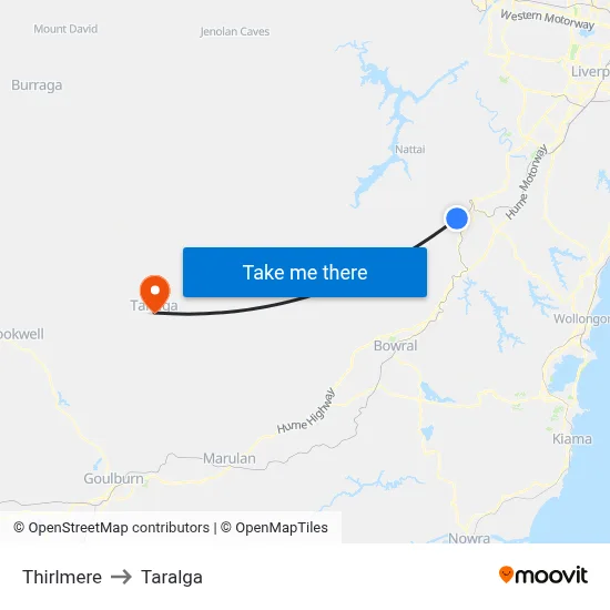 Thirlmere to Taralga map