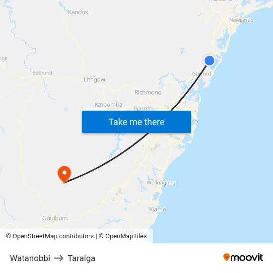 Watanobbi to Taralga map