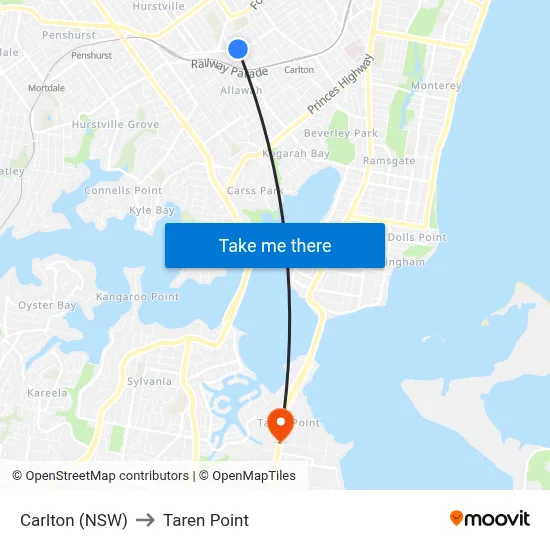 Carlton (NSW) to Taren Point map