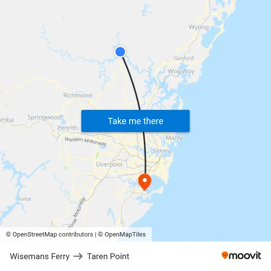 Wisemans Ferry to Taren Point map