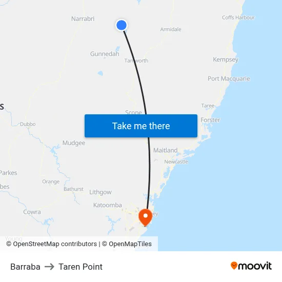 Barraba to Taren Point map