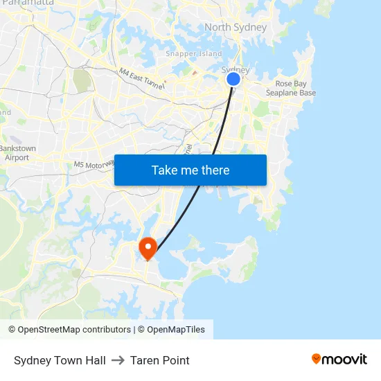 Sydney Town Hall to Taren Point map