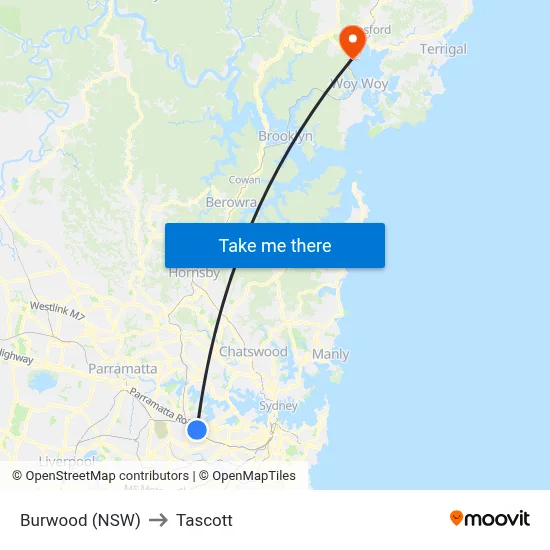 Burwood (NSW) to Tascott map