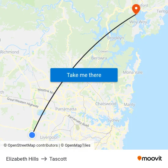 Elizabeth Hills to Tascott map