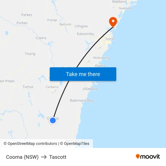 Cooma (NSW) to Tascott map