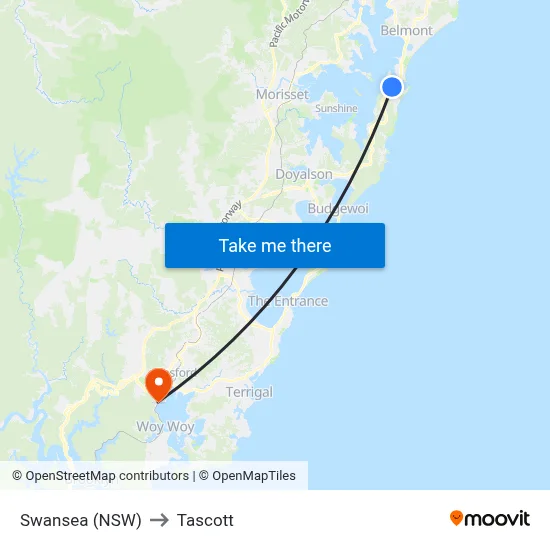 Swansea (NSW) to Tascott map