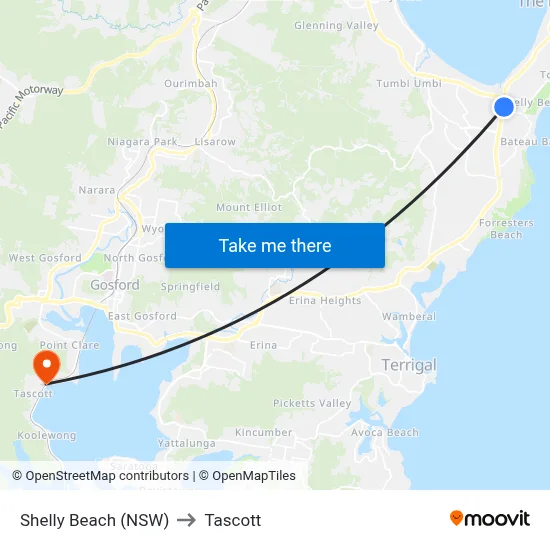Shelly Beach (NSW) to Tascott map