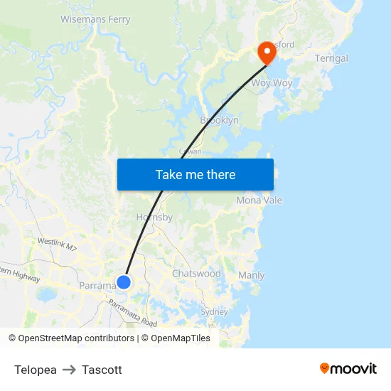 Telopea to Tascott map