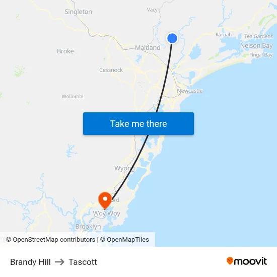 Brandy Hill to Tascott map