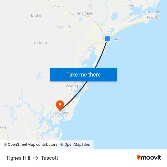 Tighes Hill to Tascott map